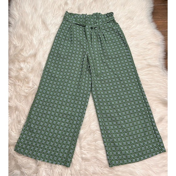Max Studio Womens High Rise All-Over Print Trousers Wide Leg Green Daisy Size S - Picture 1 of 11